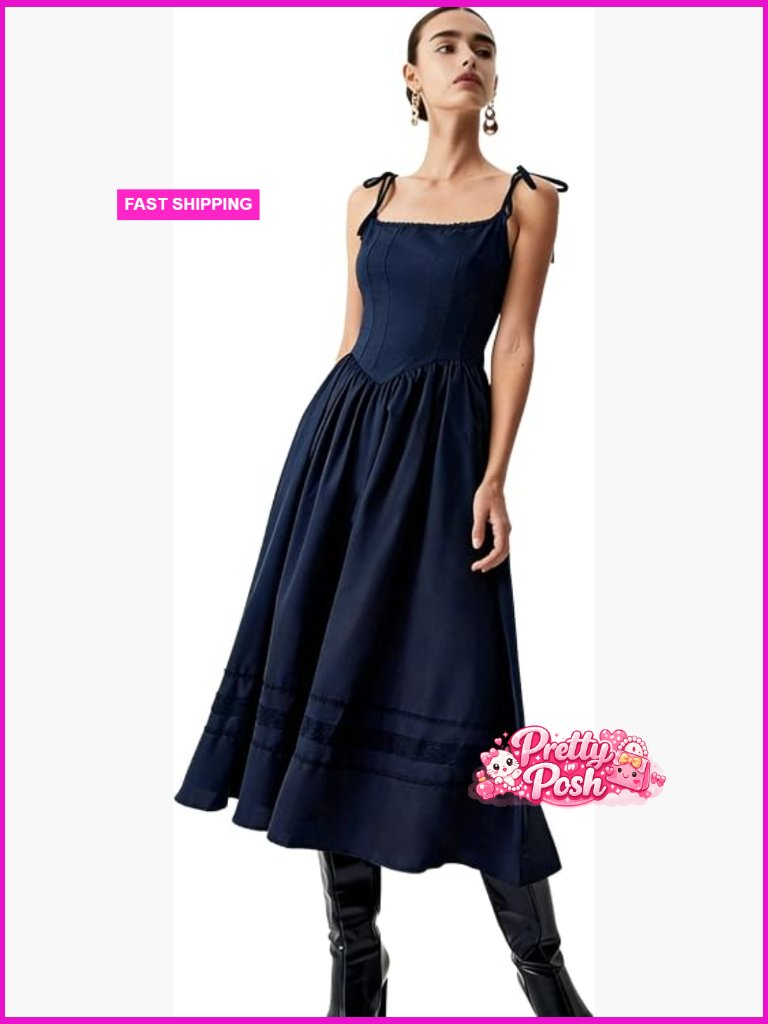 Corset Midi Dress: Square Neck Sleeveless A-Line Flowy Boho With Tie Straps
